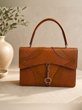 Prada Structured Leather Top Handle Bag Tan Micro-Perforated Made in Italy